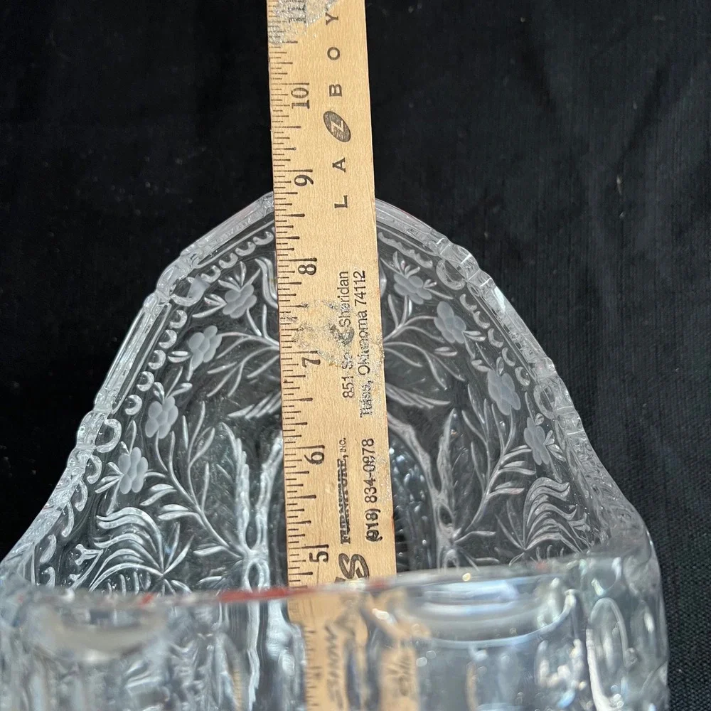Vintage Clear Etched Crystal Glass Basket Floral Leaf Pattern Applied Handle